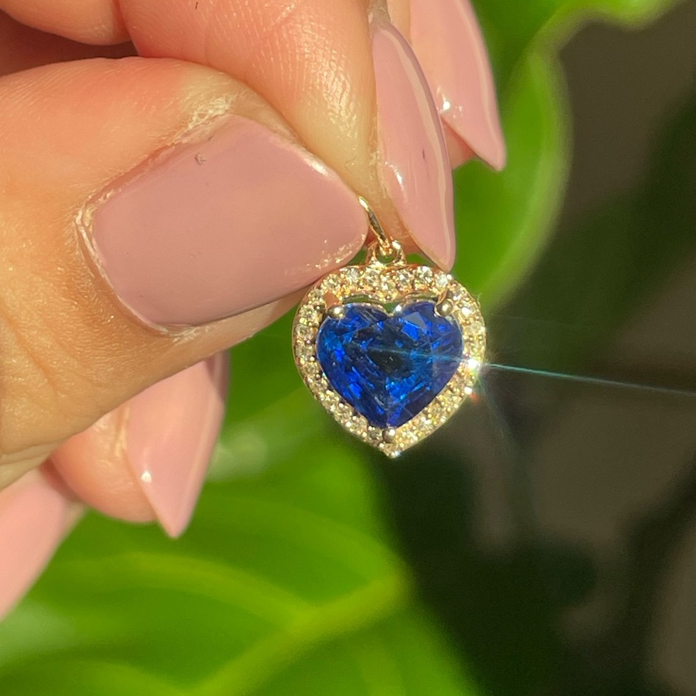 💙 blue sapphire heart with diamond halo charm solid 14k gold